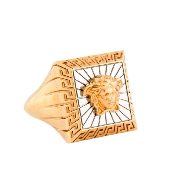 NIB Versace Medusa Head Square Ring IT 17 US 8 Gold Silver Tone Bicolor